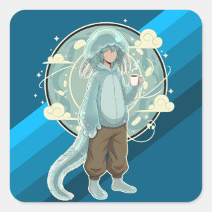 Sticker Carré Garçon Méduse Anime Café Art