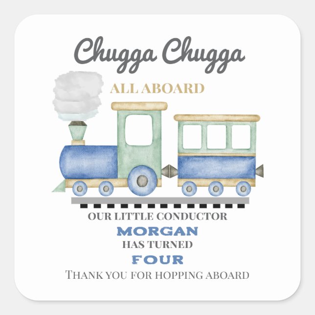 Sticker Carré Garçon n'a pas d'âge Anniversaire Train bleu Chugg (Devant)