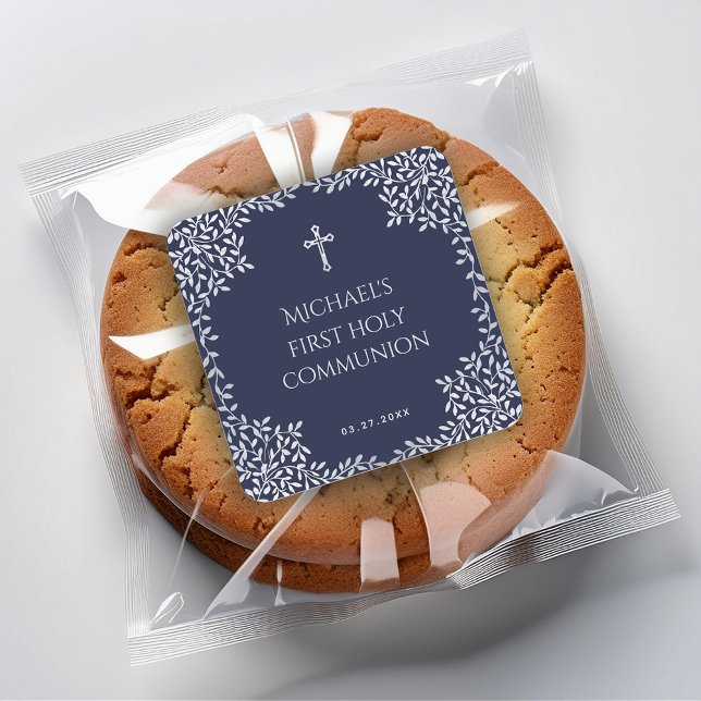 Sticker Carré Garçon Première communion Marine Bleu Élégant Feui (Créateur téléchargé)