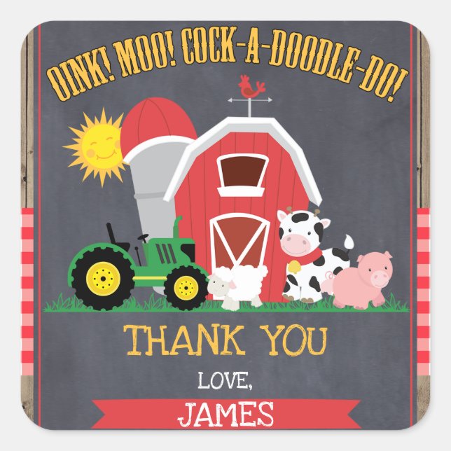 Sticker Carré Garçons Barnyard Chalkboard Anniversaire (Devant)