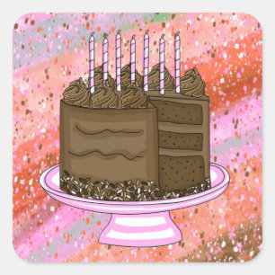 Sticker Carré Gâteau au chocolat rose et Brown Anniversaire  