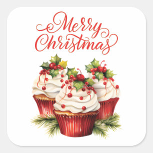 Sticker Carré Gâteau cupcake de Noël à la baie de houx