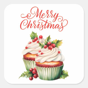 Sticker Carré Gâteau cupcake de Noël à la baie de houx