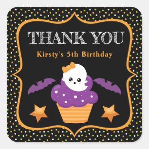 Sticker Carré Gâteau Cupcake Fantôme d'Halloween & Anniversaire 