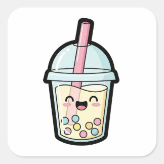 Sticker Carré Gâteau Cupcake Souriant – Illustration Mignonne Ka