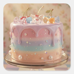 Sticker Carré Gâteau d'anniversaire arc-en-ciel esthétique en ve
