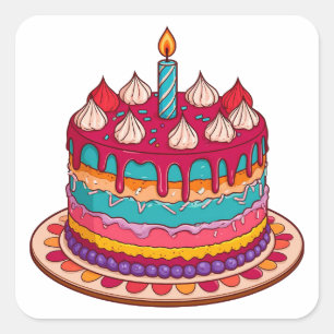 Sticker Carré Gâteau d'anniversaire coloré avec bougie