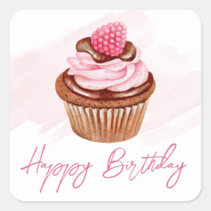 Sticker Carré Gâteau d'anniversaire Cupcake framboise et chocola