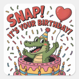 Sticker Carré Gâteau d'anniversaire de fête avec un alligator mi