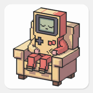Sticker Carré Gâteau d'anniversaire de gamer pixelisé pour enfan