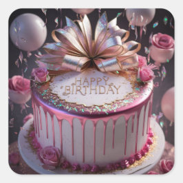 Sticker Carré Gâteau d'anniversaire rose fuchsia pour célébratio