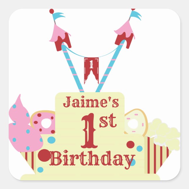 Sticker Carré Gâteau de carnaval de cirque premier anniversaire (Devant)