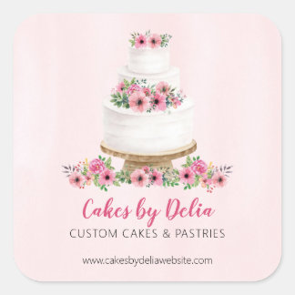 Sticker Carré Gâteau de Mariage Aquarelle Rose Promotionnel