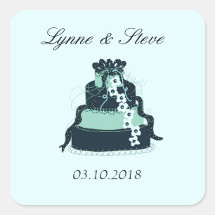 Sticker Carré Gâteau de Mariage Turquoise Enregistrer la Date