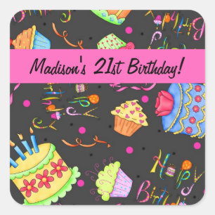 Sticker Carré Gâteau rose chaud noir 21e anniversaire