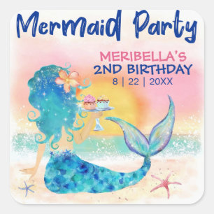 Sticker Carré Gâteaux Mermaid Anniversaire Fille Tropical Beach