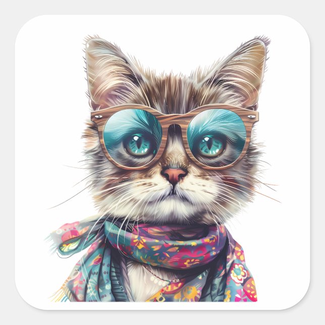 Sticker Carré  Gato Cool con Lentes  (Devant)