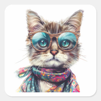 Sticker Carré  Gato Cool con Lentes 