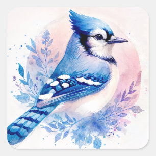 Sticker Carré Geai bleu aquarelle botanique oiseau