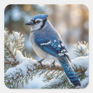 Sticker Carré Geai bleu perché sur un pin enneigé