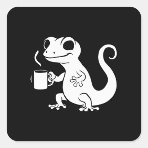 Sticker Carré gecko mignon tenant une tasse de café