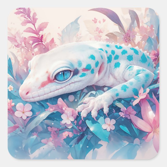 Sticker Carré Gecko Mystique Parmi Les Blossoms Vibrants (Devant)