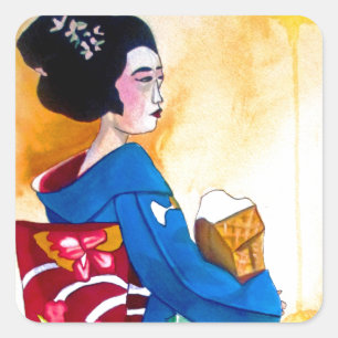 Sticker Carré Geisha japonais avec kimono bleu