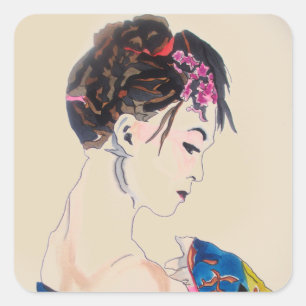 Sticker Carré Geisha japonais avec kimono bleu
