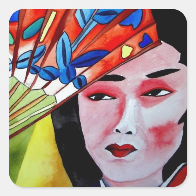 Sticker Carré geisha japonaise avec ventilateur peinture d'art o (Devant)