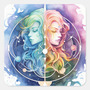 Sticker Carré Gemini Horoscope Symbole de l'aquarelle jumelle