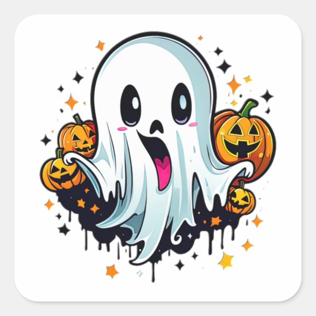 Sticker Carré Ghost mignon et Citrouilles heureux (Devant)