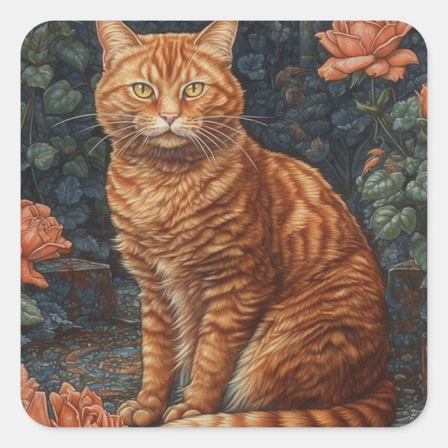 Sticker Carré Ginger Tabby Chat et Roses (Devant)