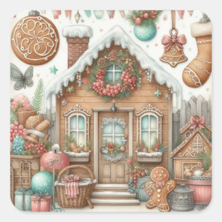Sticker Carré Gingerbread House & Cookies