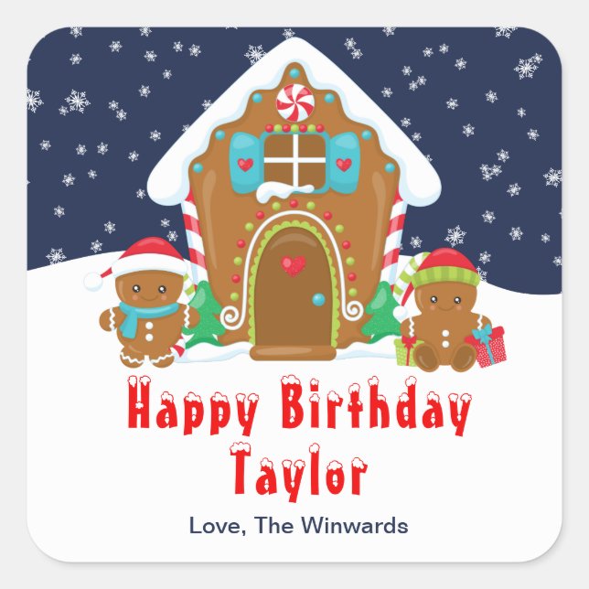 Sticker Carré Gingerbread House Navy et Red Happy Birthday (Devant)
