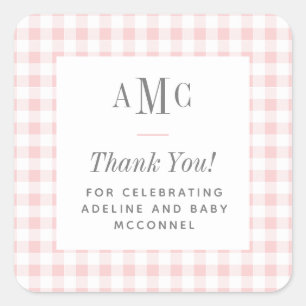 Sticker Carré Gingham Monogramme Rose et Blanc Merci