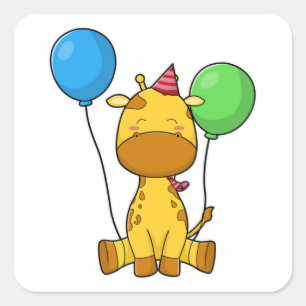 Sticker Carré Girafe à l'anniversaire avec ballons