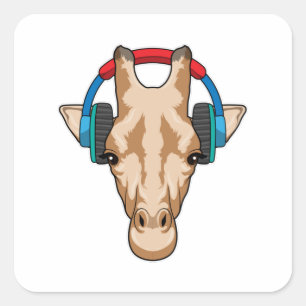 Sticker Carré Girafe at Music with Headphone