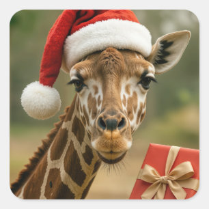 Sticker Carré Girafe de Noël avec cadeau de fête