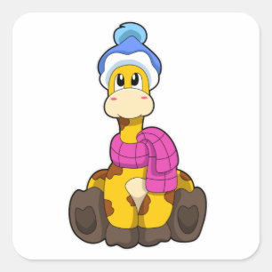 Sticker Carré Girafe en hiver avec Casquette et écorce