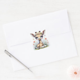 Sticker Carré Girafe Fille Bébé Avec Fleurs Roses
