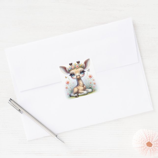 Sticker Carré Girafe Fille Bébé Avec Fleurs Roses (Enveloppe)