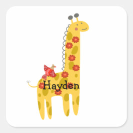 Sticker Carré Girafe & Oiseau Fleurs Jaune Rouge Nom Personnalis