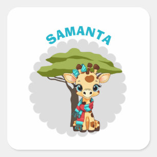 Sticker Carré Girafe personnalisée "Nom" dans la savane Eau