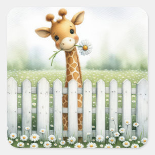 Sticker Carré Giraffe Bébé Avec Marguerite