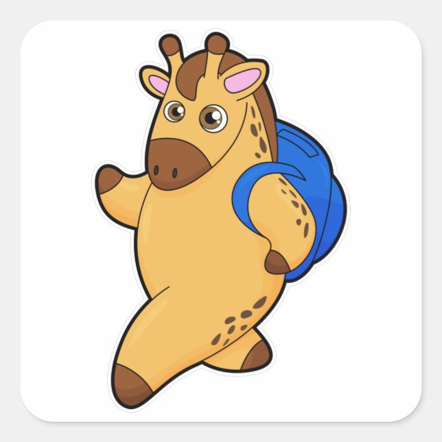 Sticker Carré Giraffe en tant qu'étudiant avec sac à dos (Devant)