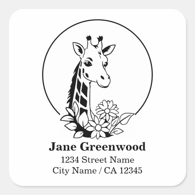 Sticker Carré Giraffe Et Fleurs Nom Et Adresse (Devant)