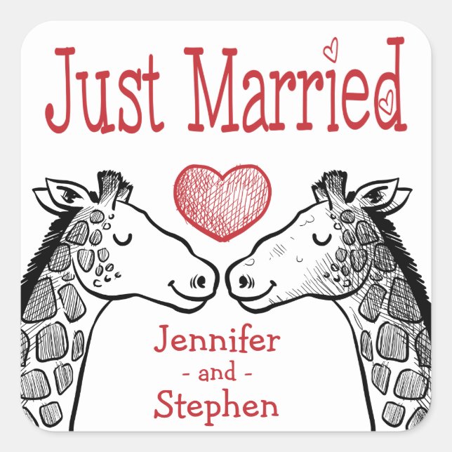 Sticker Carré Giraffe Mariée Noire, Mariage Bourgogne Rouge (Devant)