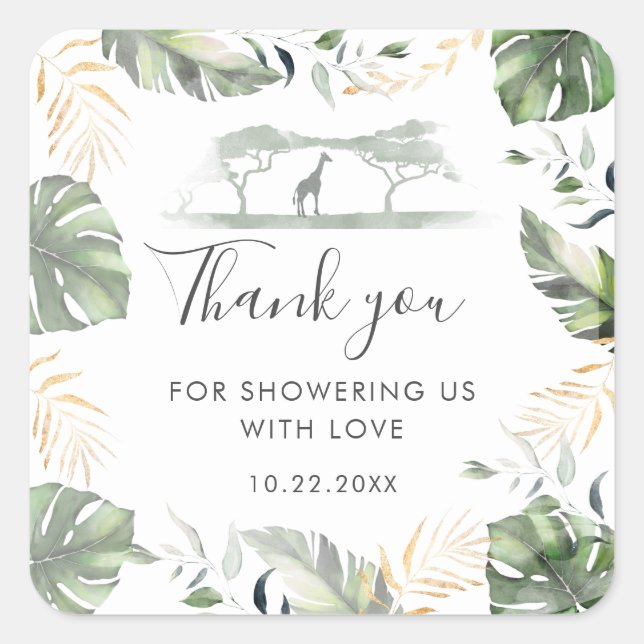 Sticker Carré Giraffe Safari Palm Feuille Baby shower Favoriser (Devant)