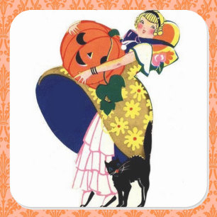 Sticker Carré Girl Carrying Pumkin with Black Cat