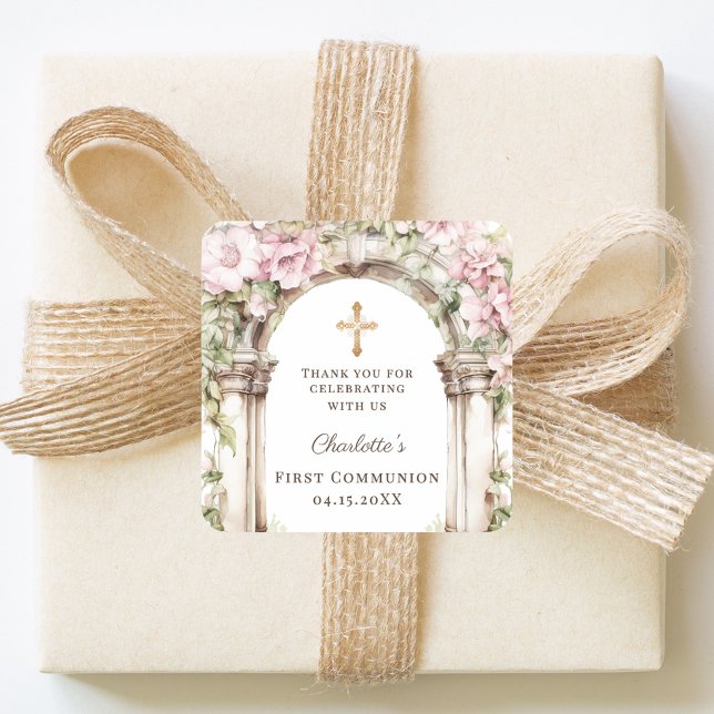 Sticker Carré Girl First Communion Pink Florals Arch Cross (Créateur téléchargé)